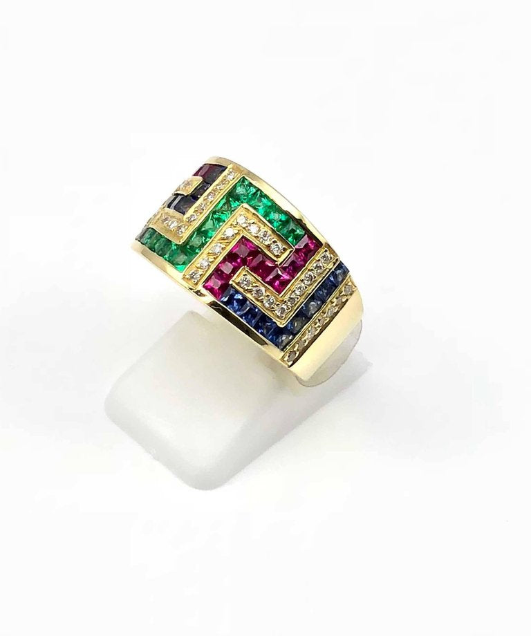 18 Karat Yellow Gold Greek Key Ruby Sapphire Emerald Ring