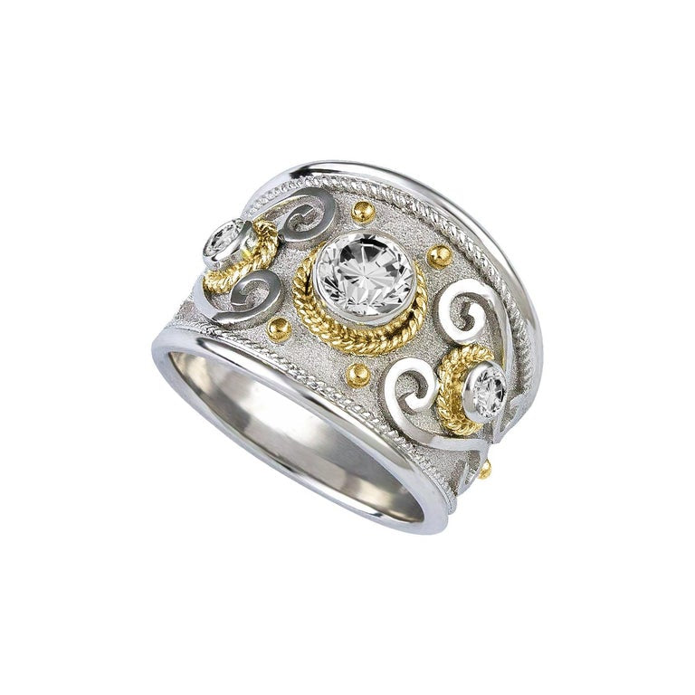 18 Karat White and Yellow Gold Diamond Granulated Ring