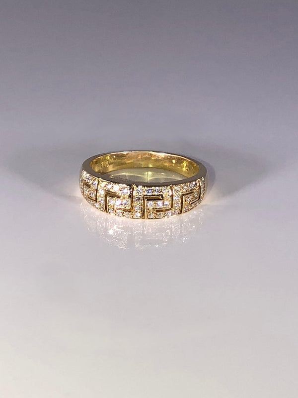 18 Karat Yellow Gold Diamond Greek Key Design Ring