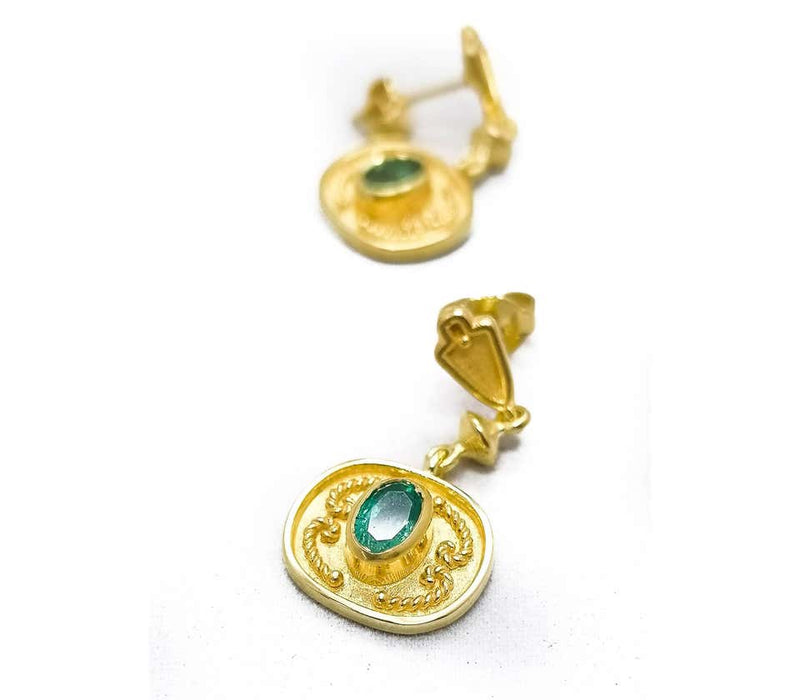 18 Karat Yellow Gold Emerald Etruscan-Style Drop Earrings