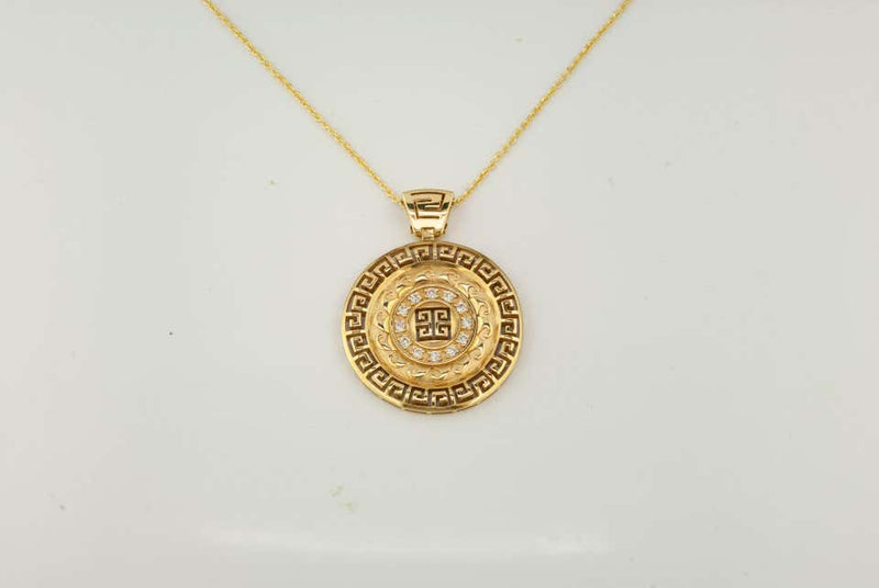 18 Karat Yellow Gold Round Diamond Grecian Pendant Necklace