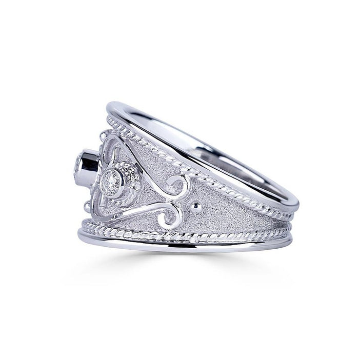 18 Karat White Gold Diamond Byzantine Ring With Granulation
