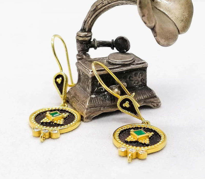 18 Karat Yellow Gold Diamond Emerald Two-Tone Drop Earrings