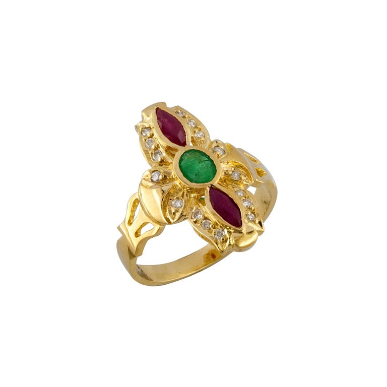 18 Karat Yellow Gold Byzantine Style Multicolor Gem Ring