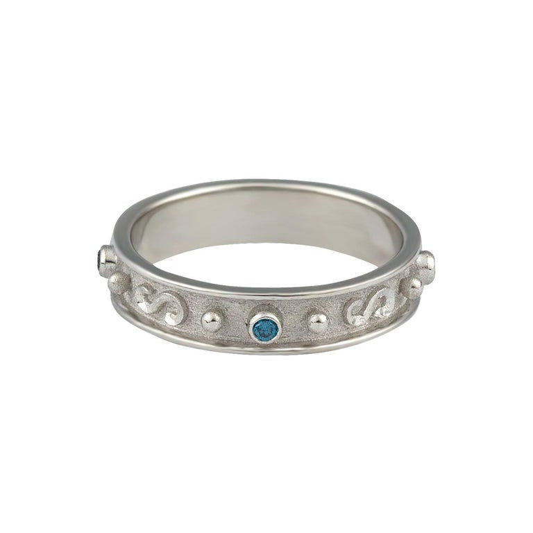 18 Karat White Gold Thin Blue Diamond Band Granulation Ring