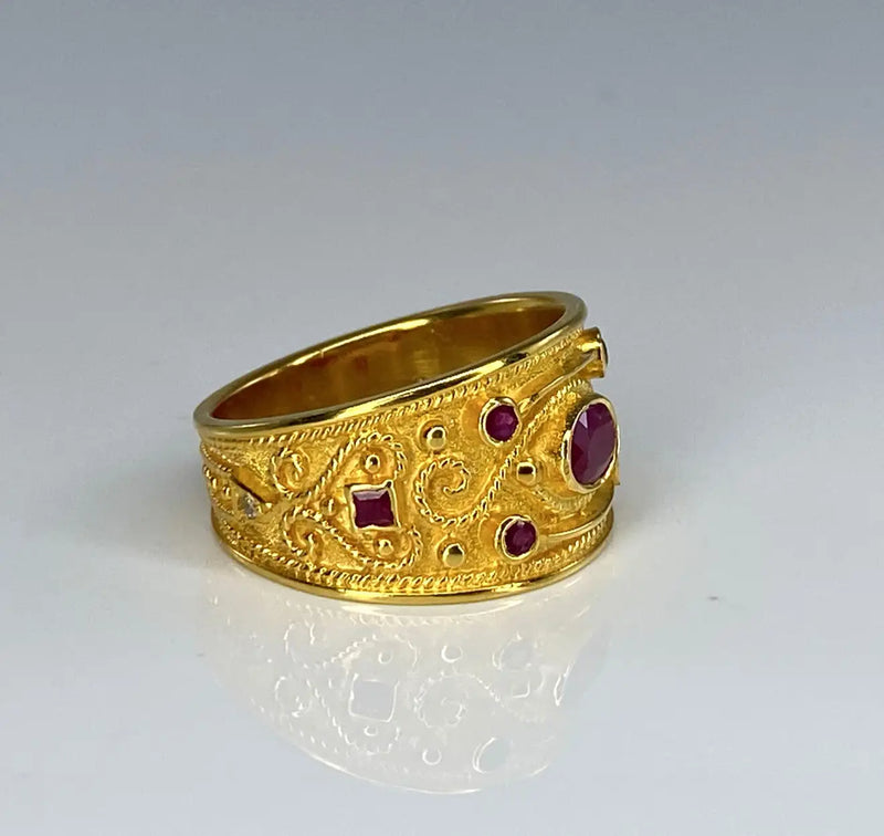 18 Karat Yellow Gold Byzantine Style Ruby and Diamond Ring