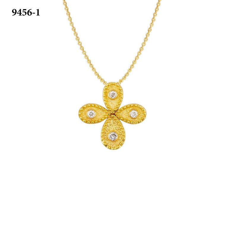 18 Karat Yellow Gold Diamond Granulation Cross with Chain