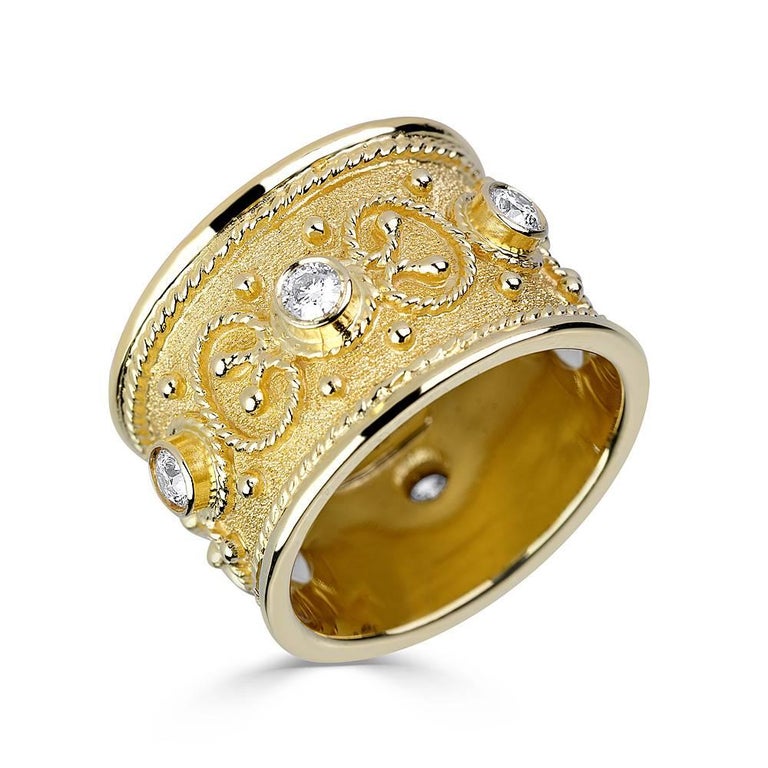 18 Karat Yellow Gold Diamond Granulated Custom Band Ring