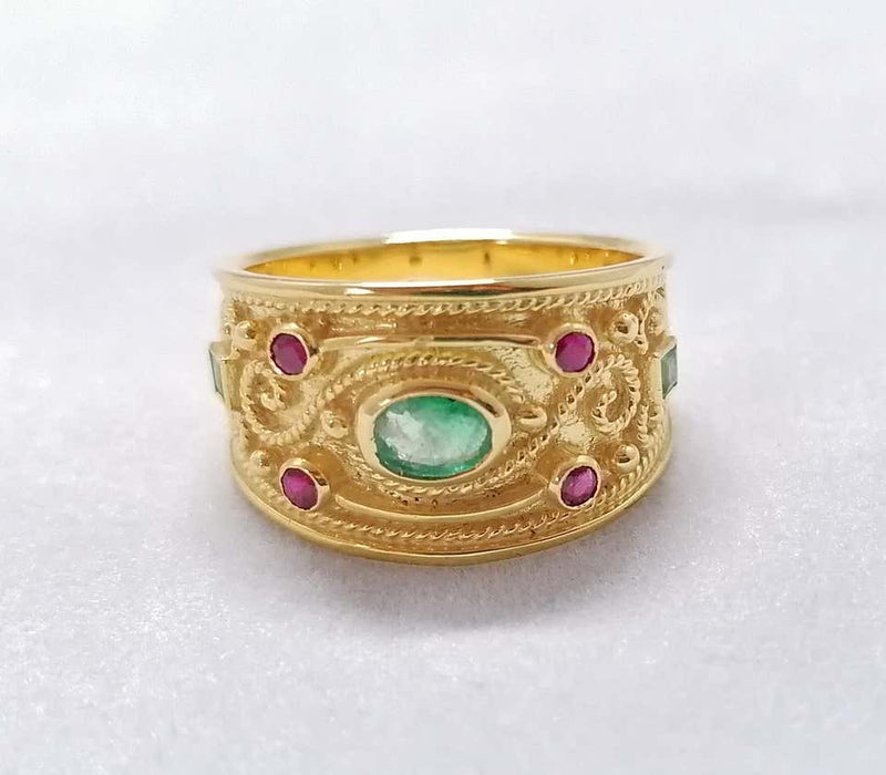 18 Karat Yellow Gold Diamond Emerald and Ruby Band Ring