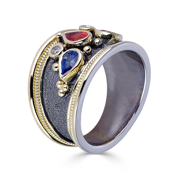 18Karat White and Yellow Gold Byzantine Multi Sapphire Ring