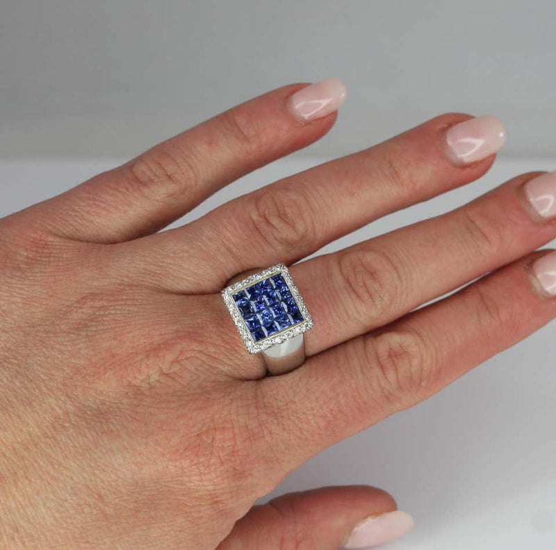18 Karat White Gold Princess Cut Sapphires and Diamond Ring