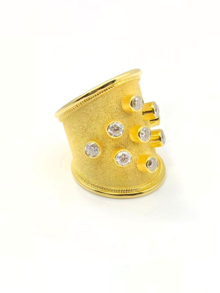 18 Karat Yellow Gold Thick Diamond Byzantine Wide Ring