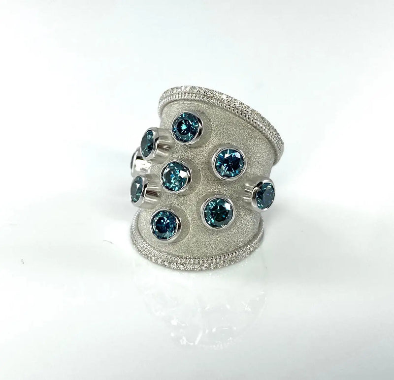 Georgios Collections 18 Karat White Gold Blue and White Diamond Wide Band Ring
