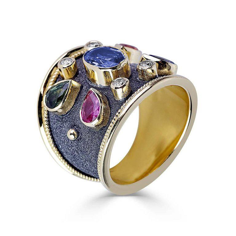 18 Karat Yellow Gold Multicolor Sapphire and Diamond Ring