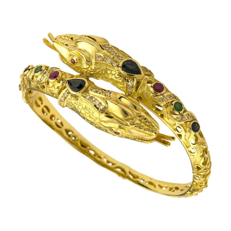 18 Karat Gold Diamond Ruby Emerald Sapphire Snake Bracelet