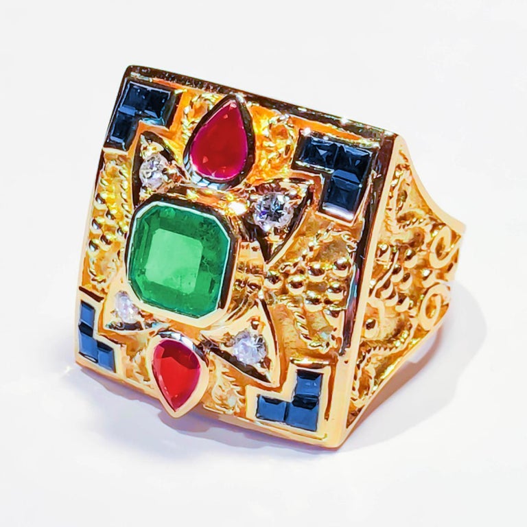 18 Karat Yellow Gold Emerald Ring with Sapphires And Rubies