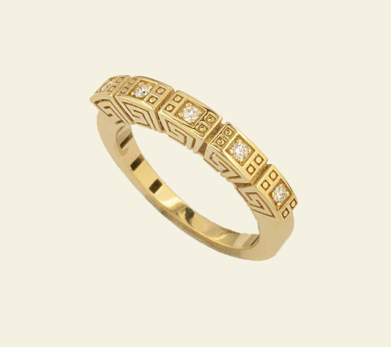 18 Karat Yellow Gold Diamond Greek Key Thin Band Ring
