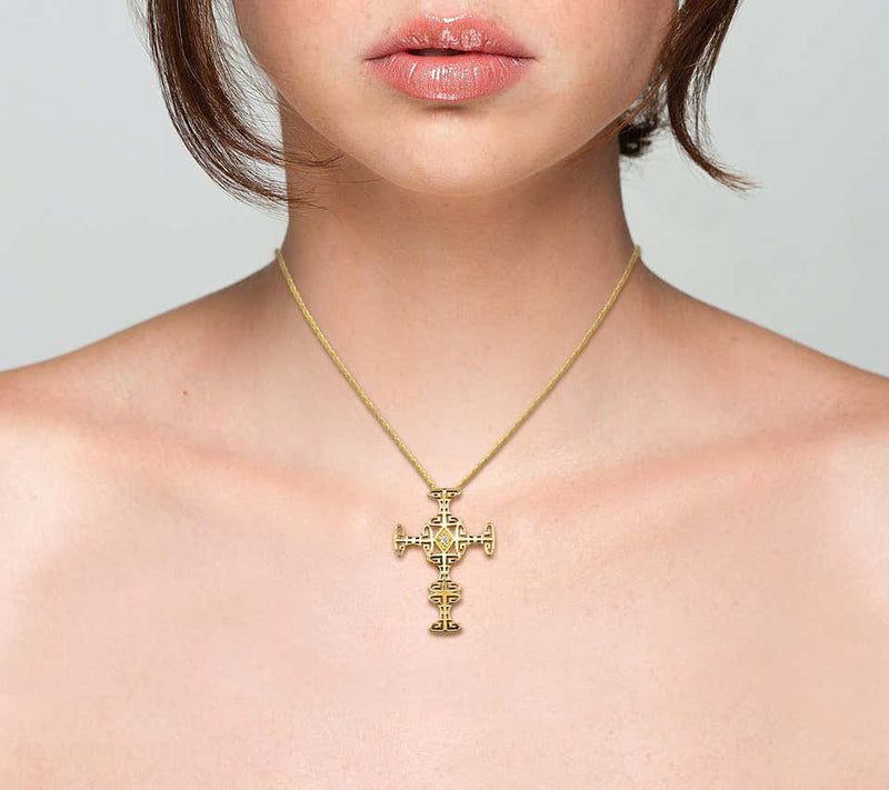 18 Karat Yellow Gold Diamond Greek Key Cross with Chain