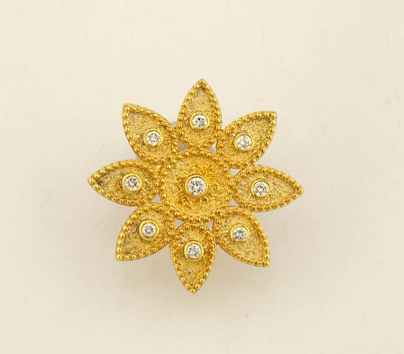 18 Karat Yellow Gold Diamond Sunburst Stud Round Earrings