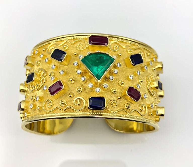 18 Karat Yellow Gold Emerald Bracelet with Rubies Sapphires