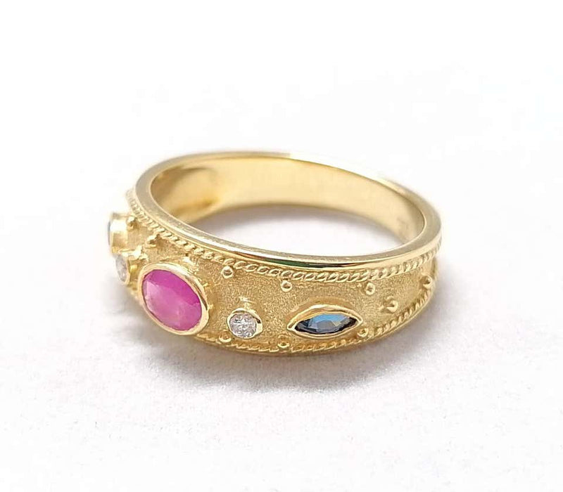18 Karat Yellow Gold Ruby Sapphire and Diamond Band Ring