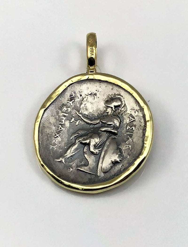 18 Karat Yellow Gold and Silver Coin Pendant of Alexandros