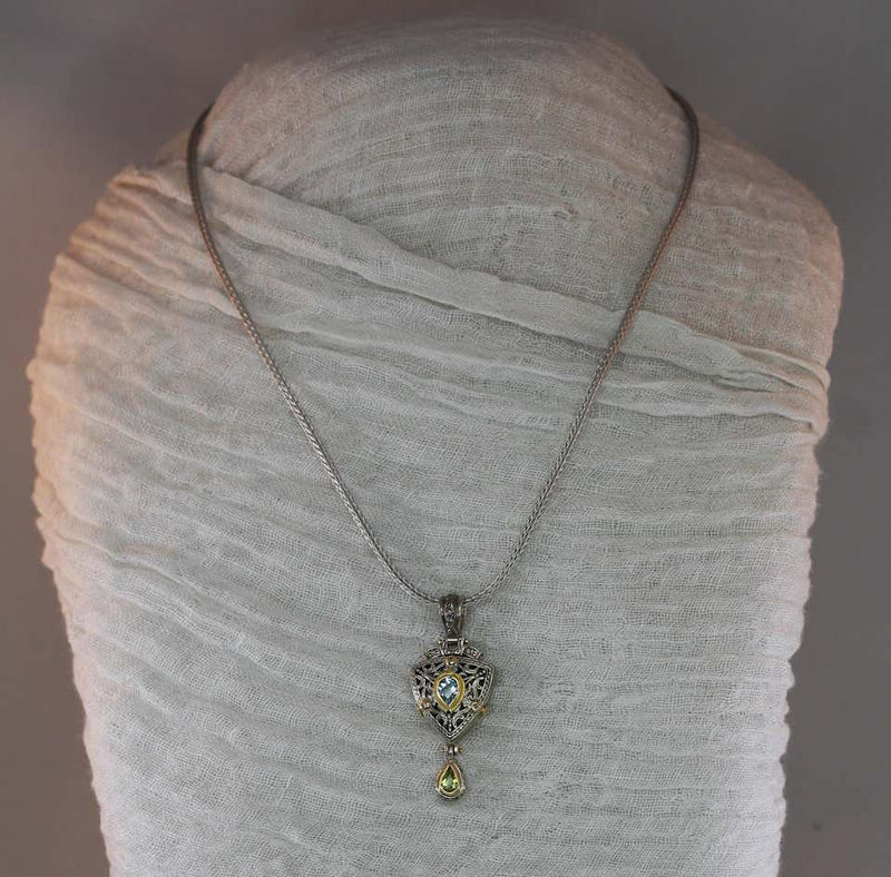 18 Karat Gold and Silver Aquamarine and Peridot Pendant