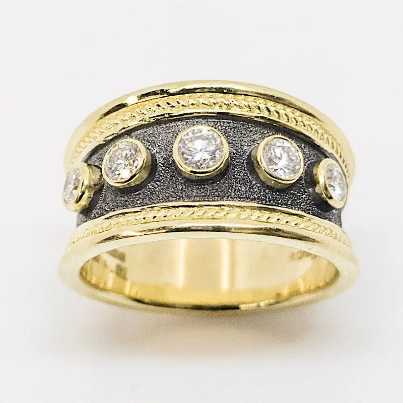 Georgios Collections 18 Karat Yellow Gold Rhodium Diamond Byzantine Style Ring
