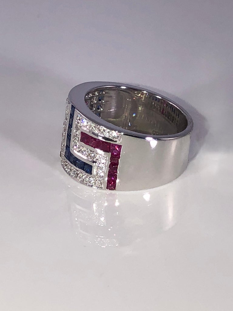 18 Karat White Gold Diamond Sapphire and Ruby Key Ring