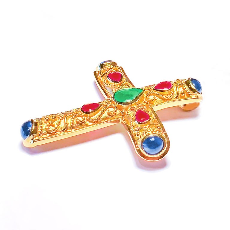 18 Karat Gold Emerald, Ruby, Sapphire Byzantine Cross