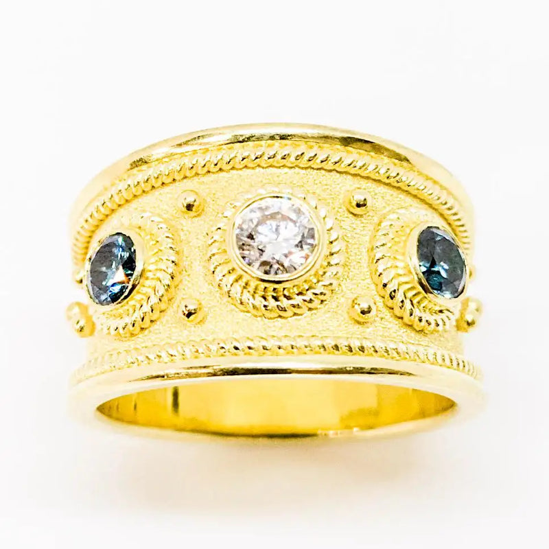 Georgios Collections 18 Karat Yellow Gold Solitaire Blue and White Diamond Ring
