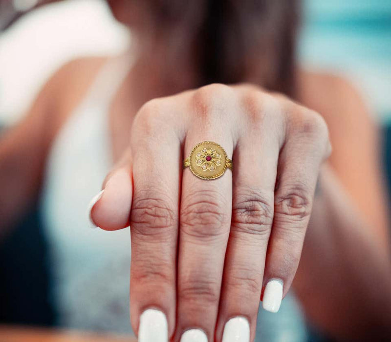 18 Karat Yellow Gold Ruby and Diamond Round Band Ring