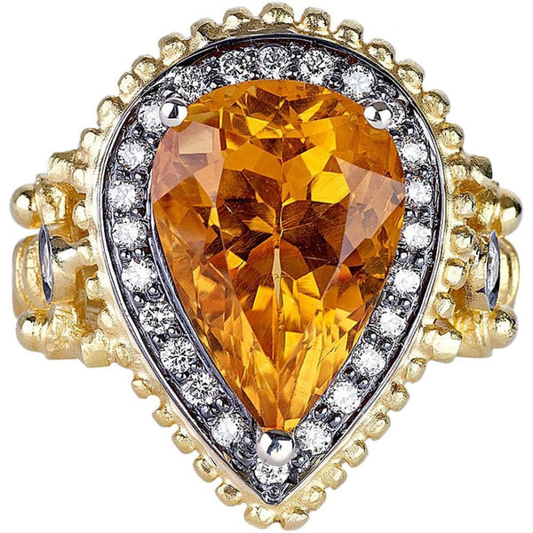 18 Karat Yellow Gold Citrine Diamond Ring with Granulation