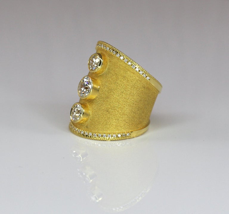 18 Karat Yellow Gold Wide Diamond Ring in Byzantine Style