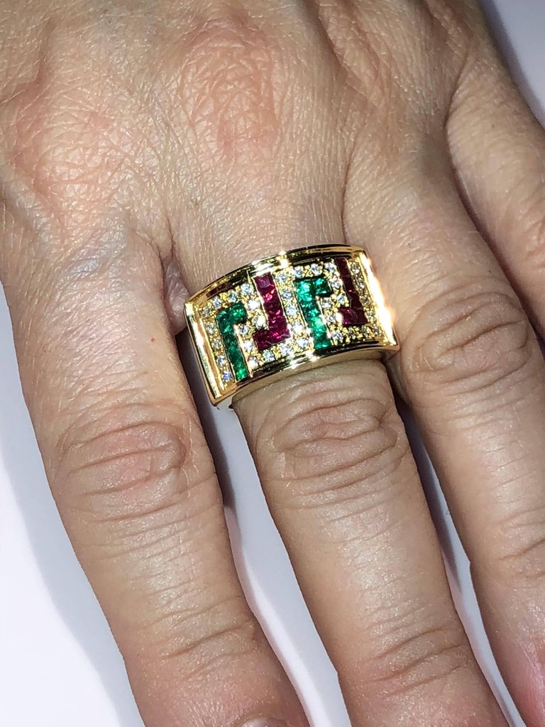 18 Karat Yellow Gold Diamond Ring with Rubies and Emeralds