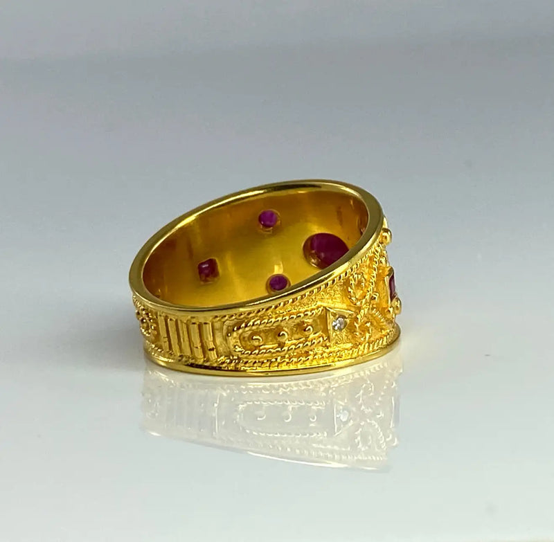 18 Karat Yellow Gold Byzantine Style Ruby and Diamond Ring