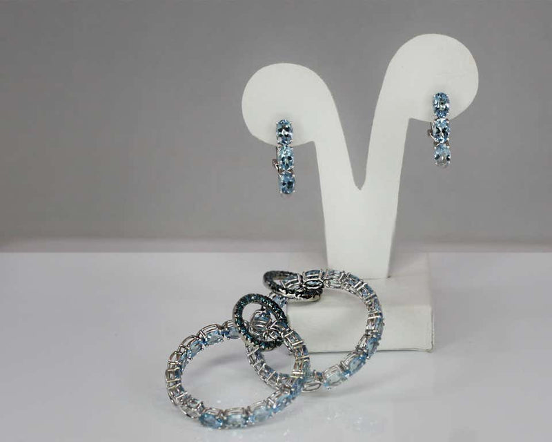 White Gold Blue Diamond Aquamarine Adjustable Hoop Earrings