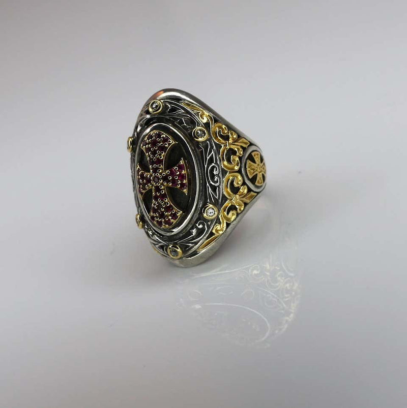 18 Karat Gold and Silver Ring with Diamonds and Ruby Cross