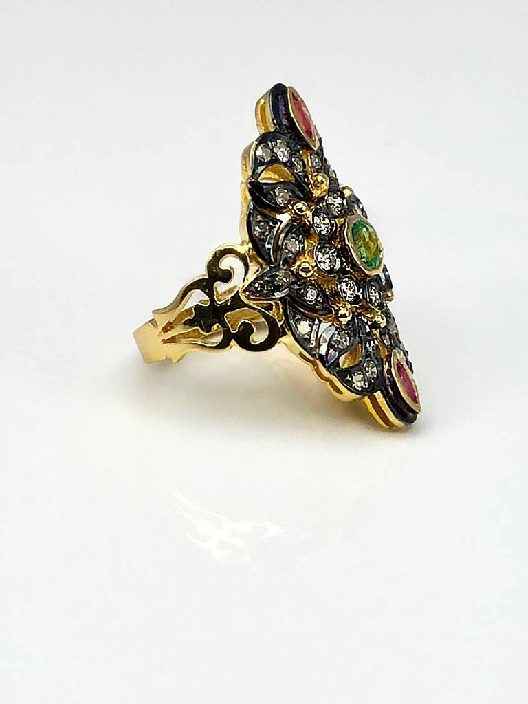 18 Karat Yellow Gold Wide Diamond Emerald Ruby Pasha Ring