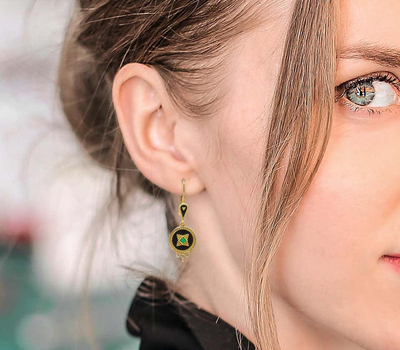 18 Karat Yellow Gold Diamond Emerald Two-Tone Drop Earrings