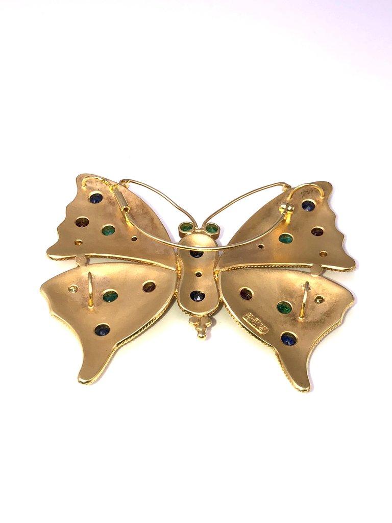18 Karat Gold Diamond Emerald Sapphire Butterfly Brooch
