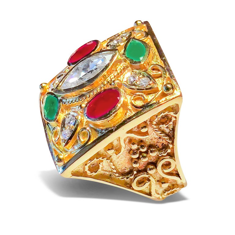 18 Karat Yellow Gold Diamond Ring With Emeralds and Rubies