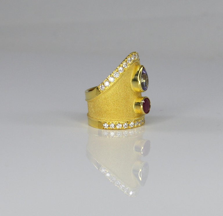 Yellow Gold Tanzanite Ruby Diamond Ring in Byzantine Style