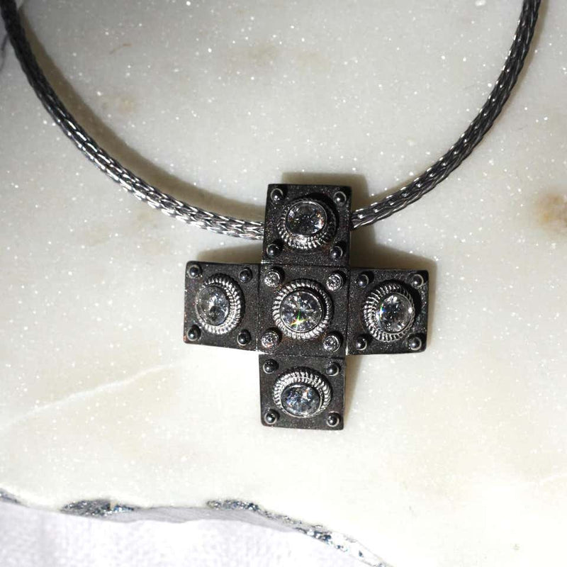 18 Karat White Gold Diamond Cross with Rope Necklace