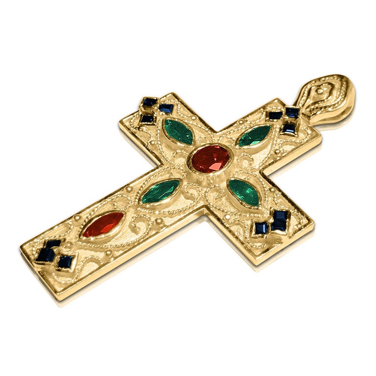 18 Karat Gold Ruby, Sapphire and Emerald Byzantine Cross