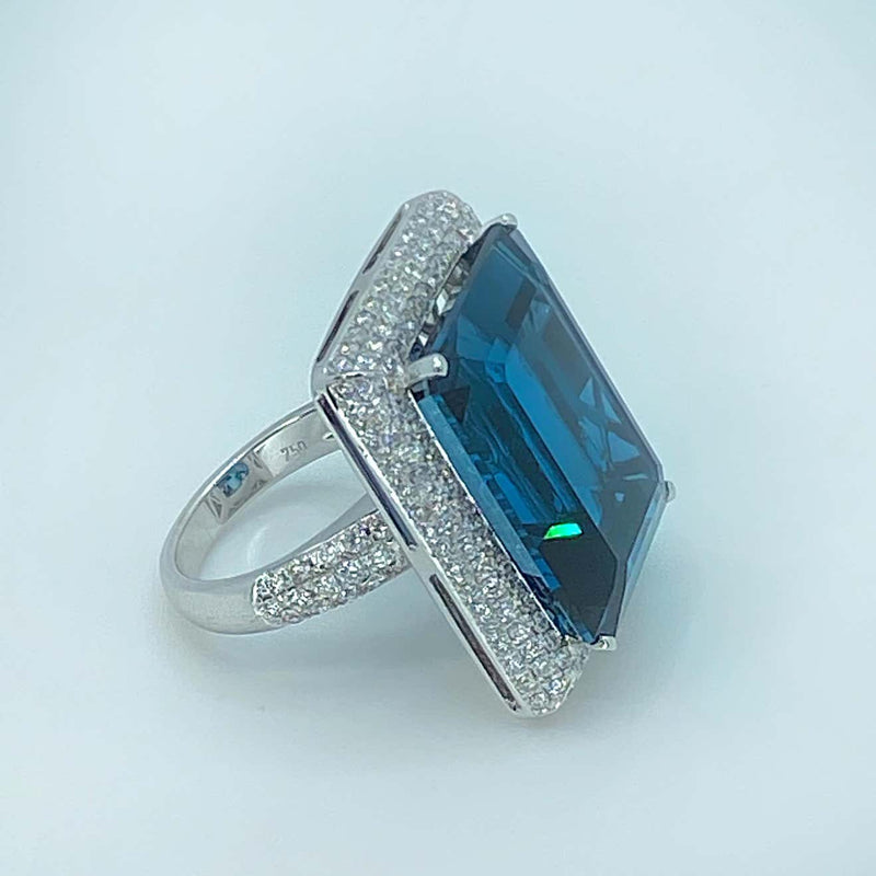 18 Karat White Gold Emerald Cut London Topaz Diamond Ring