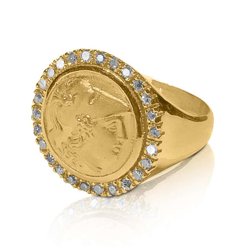 18 Karat Yellow Gold Diamond Bezel Coin Ring With Athena