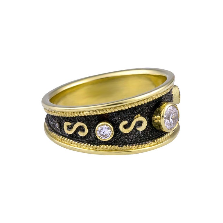 18 Karat Yellow Gold Diamond Band Ring with Black Rhodium