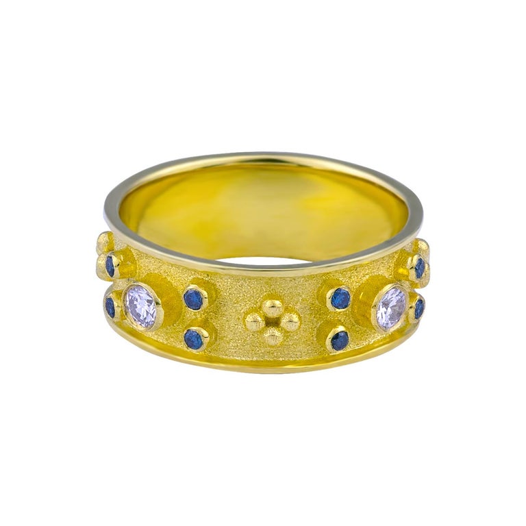 18 Karat Yellow Blue and White Diamond Band Ring