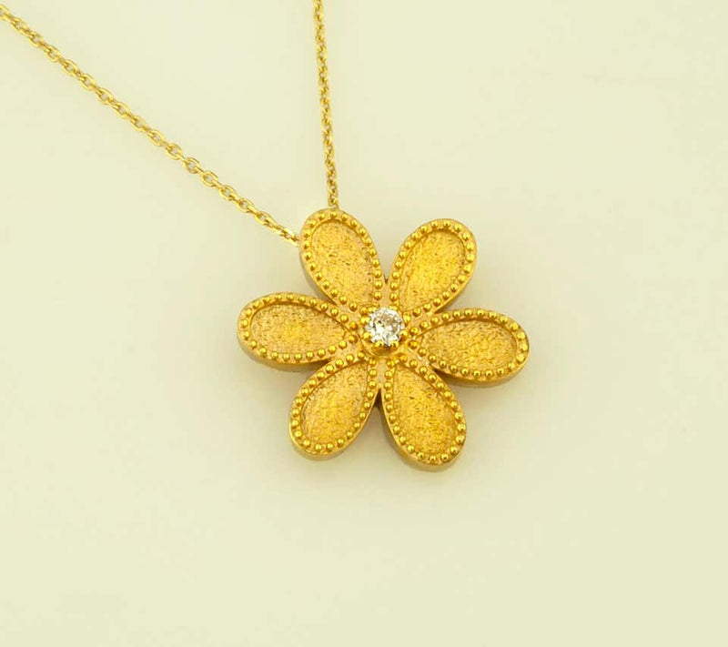 18 Karat Yellow Gold Diamond Flower Pendant with Chain